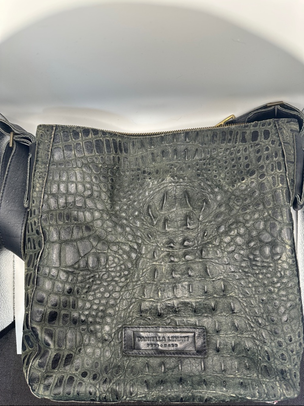 Daniela Lehavi Croc-Embossed Dark Green Shoulder Bag with Ostrich-Embossed Strap